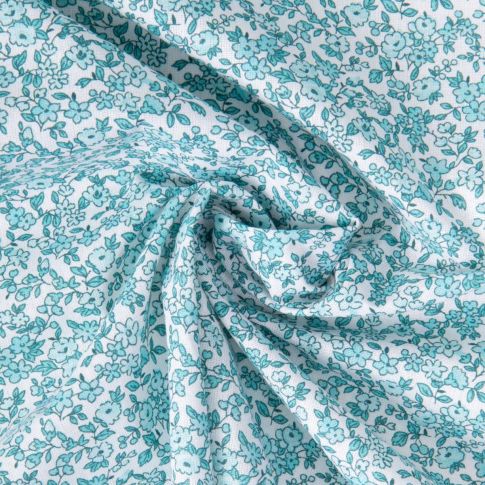Tissu Coton Enduit Fleuris Léonie menthe et bleu sur fond Blanc