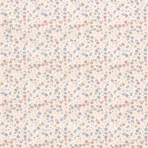 Coupon Tissu Jersey Coton Fleurs Louna rose et bleu sur fond Ecru - Coupon de 100 cm
