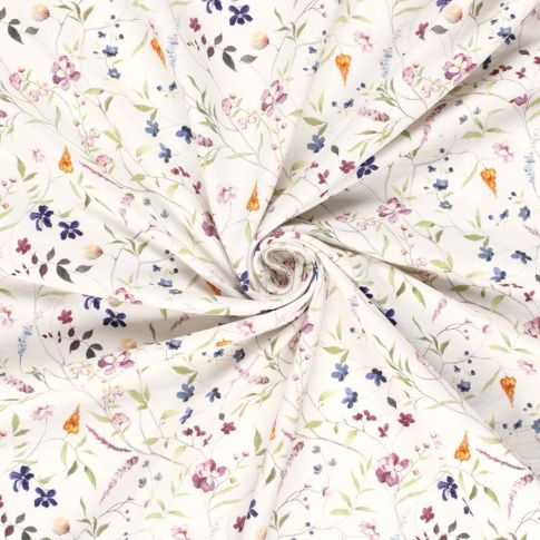 Coupon Tissu Sweat léger French Terry digital Fleuris sur fond Ecru - Coupon de 10 cm