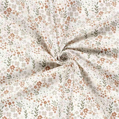 Coupon Tissu Popeline de Coton Floral champêtre sur fond Ecru - Coupon de 30 cm