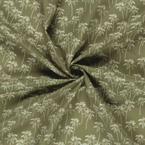 Tissu Short de bain déperlant recyclé Palmiers sur fond Vert olive