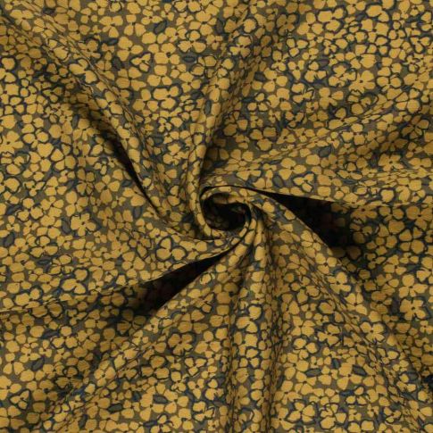 Coupon Tissu Crêpe de Viscose Ambrine fleurs Moutarde dorée sur fond Noir - Coupon de 60 cm