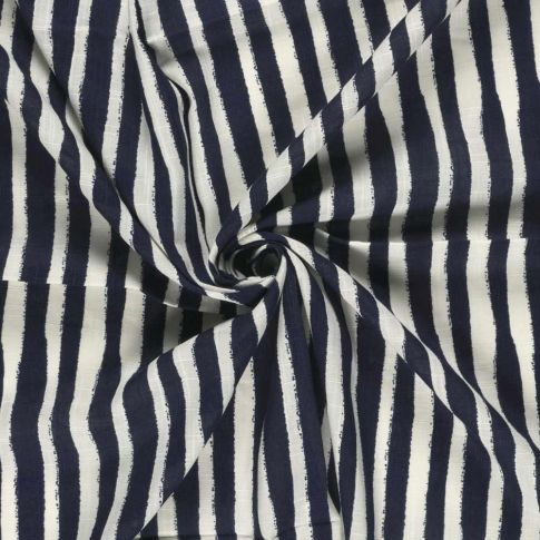 Tissu Coton Viscose aspect Lin rayures écru sur fond Bleu marine