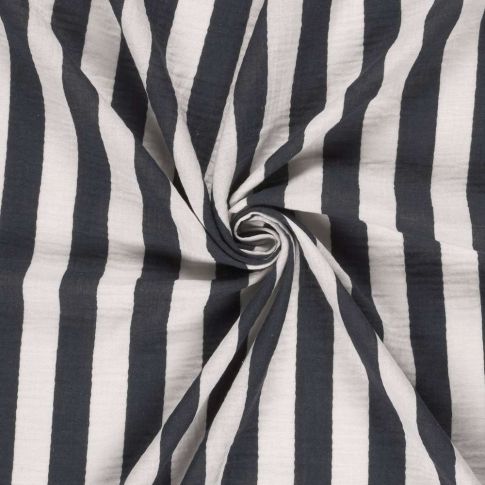 Tissu Double Gaze de Coton Rayé Marine sur fond Blanc