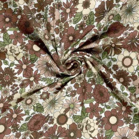Tissu Double gaze de Coton Fleurs marrons sur fond Ecru