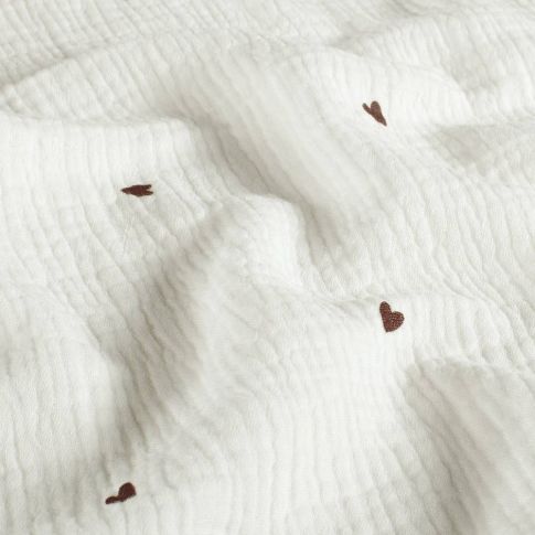 Coupon Tissu Double gaze de Coton petits coeurs Bordeaux foncé sur fond Blanc cassé - Coupon de 50 cm