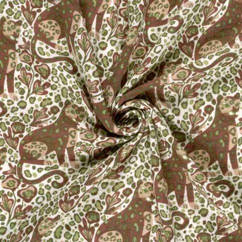 Tissu Double gaze de Coton Panthère marron et vert sur fond Ecru