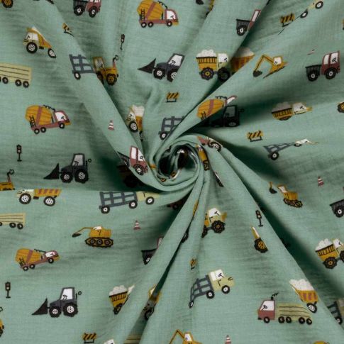 Tissu Double gaze de Coton Léo engins chantier sur fond Vert amande