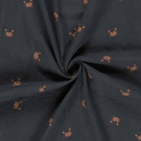 Tissu Double gaze de Coton Bob petits crabes sur fond Bleu marine