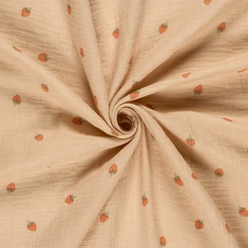 Tissu Double gaze de Coton Petites fraises sur fond Rose