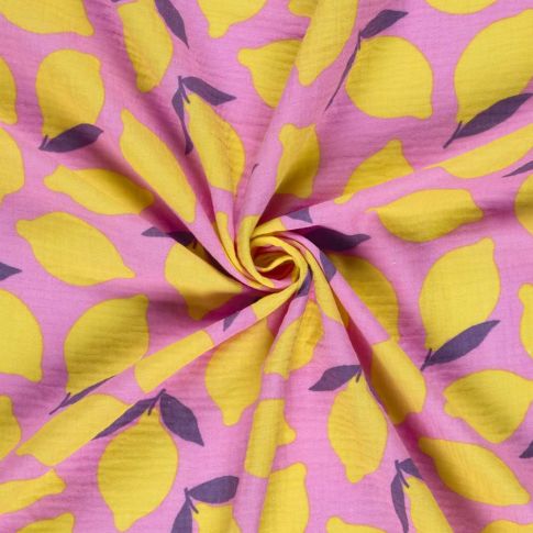 Tissu Double gaze de Coton Lemon jaune sur fond Rose