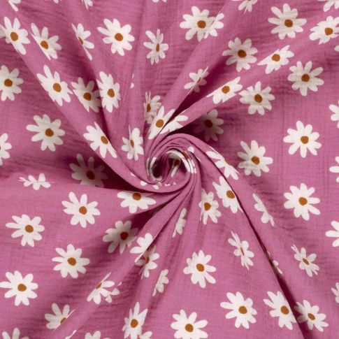 Tissu Double gaze de Coton Gérone fleurs Blanc sur fond Rose
