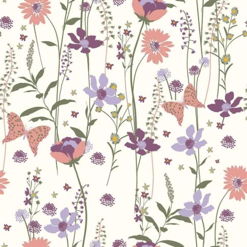 Tissu Popeline de Coton Fleur de Prairie sur fond Ecru