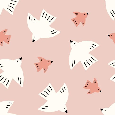 Coupon Tissu Popeline de Coton Colombe oiseaux enfantin sur fond Rose poudré - Coupon de 100 cm