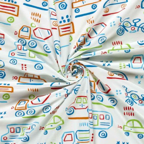 Tissu Jersey Coton imprimé Véhicules multico sur fond Ecru