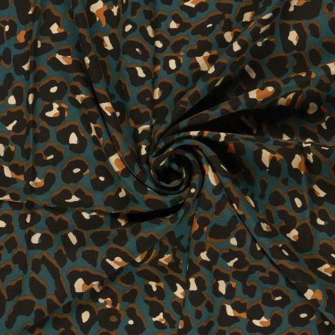 Tissu Popeline de Viscose Zahia léopard Noir sur fond Bleu canard