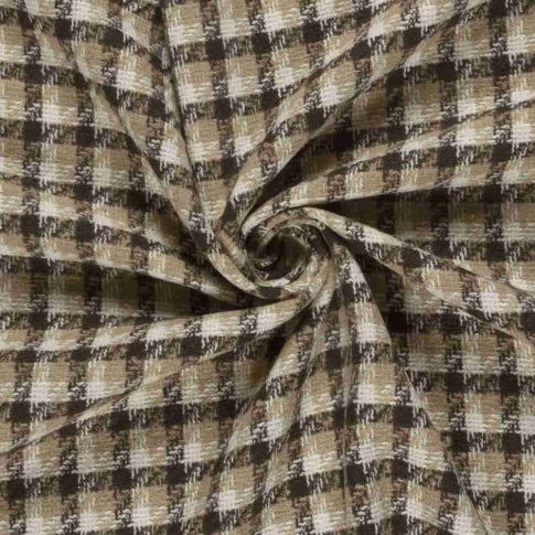 Tissu Jacquard toucher laine damier Beige et Ecru sur fond Marron foncé