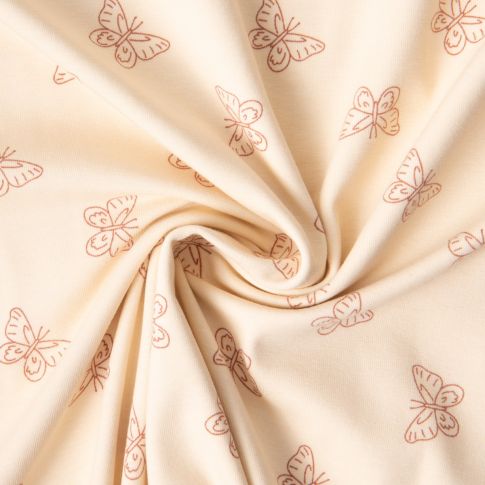 Tissu Jersey Coton imprimé Iris papillons Terracota sur fond Beige