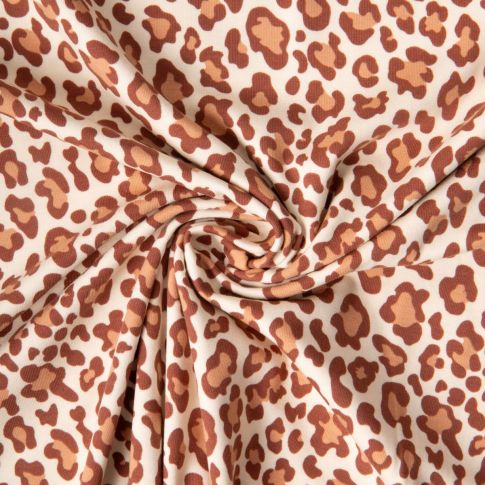 Tissu Jersey Coton imprimé tacheté Léopard Terracota et Brun sur fond Beige