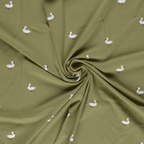 Tissu Jersey Coton imprimé Tom petits canards sur fond Vert olive