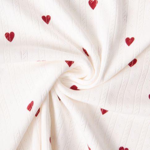 Coupon Tissu Jersey 100% Coton ajouré Baby petits coeurs sur fond Ecru - Coupon de 20 cm
