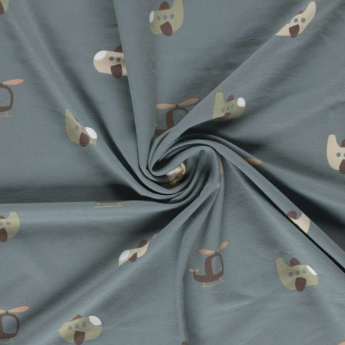 Tissu Sweat léger French Terry Elio airplane sur fond Bleu gris