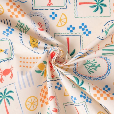Tissu Coton enduit Cagliari voyage estival sur fond Ecru