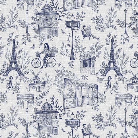Coupon Tissu Toile de Coton Paris Bleu sur fond Blanc - Coupon de 20 cm