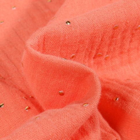 Coupon Tissu Double gaze Baya Pois dorés sur fond Melon - Coupon de 50 cm