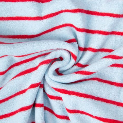 Tissu Jersey Eponge rayures Rouge sur fond Bleu ciel