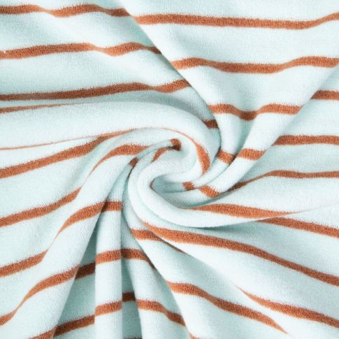 Tissu Jersey Eponge rayures Caramel sur fond Bleu céladon