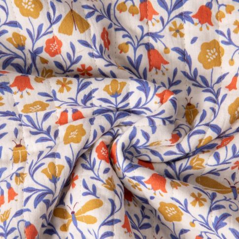 Tissu Double gaze de Coton Matelassé réversible Scara fleuris sur fond Ecru