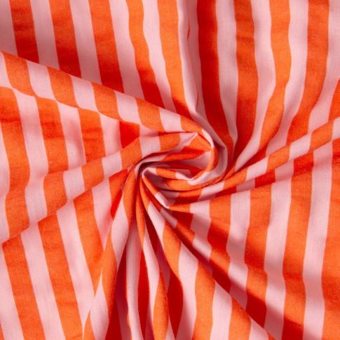 Tissu Coton Seersucker Rayé Orange sur fond Rose pâle