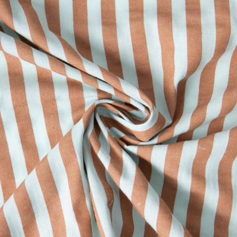 Tissu Coton Seersucker Rayé Camel sur fond Vert menthe