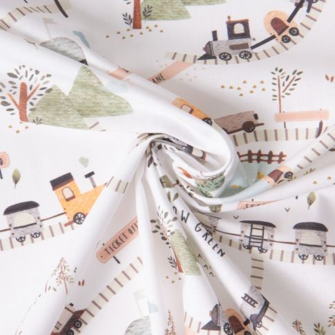 Tissu Coton imprimé digital La ferme Trip sur fond Blanc