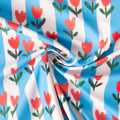 Tissu Imperméable déperlant tulipes Rouge rayures Bleu sur fond Blanc