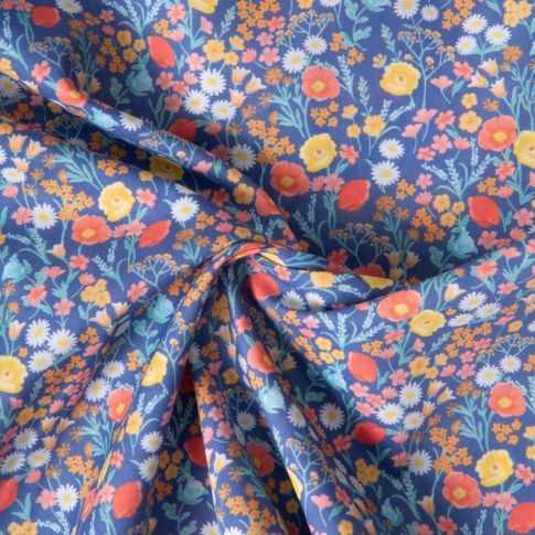 Tissu Popeline de Coton légère Rétro sur fond Bleu indigo