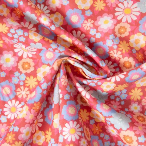 Tissu Popeline de Coton légère Paloma floral rétro sur fond Corail