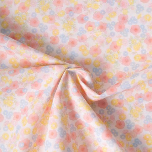Tissu Popeline de Coton légère floral pastel corail, jaune pastel et bleu clair sur fond Blanc