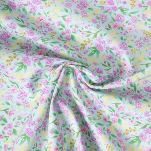 Tissu Voile de Coton digital imprimé Brise floral sur fond Vert d'eau