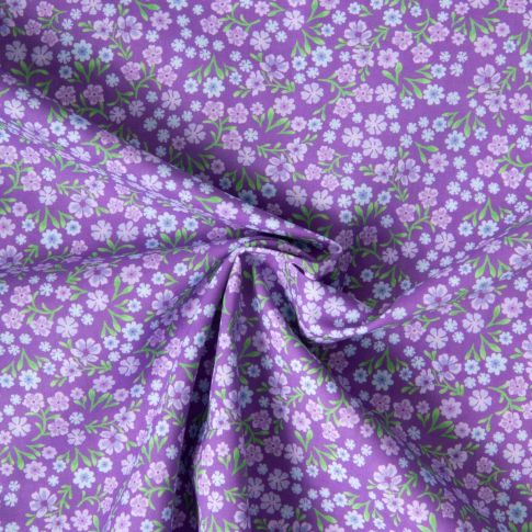 Tissu Voile de Coton digital imprimé Lavande fleurie sur fond Violet