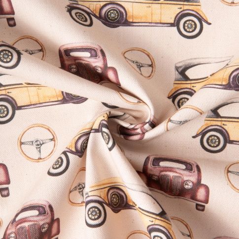 Tissu Toile de Coton rétromobile sur fond Beige