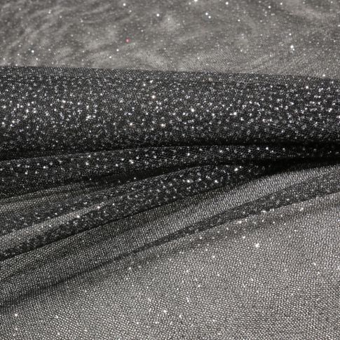 Coupon Tissu Tulle Strass Paillettes Argent sur fond Noir - Coupon de 100 cm