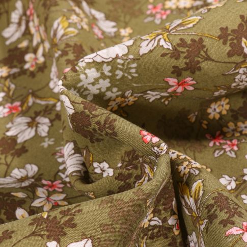 Coupon Tissu Viscose Arty Anaïs sur fond Vert kaki - Coupon de 40 cm