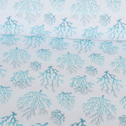 Tissu Jacquard Corail turquoise sur fond Blanc