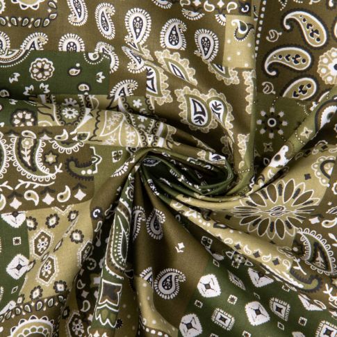 Tissu Coton imprimé Arty Eli patchwork paisley sur fond Vert olive