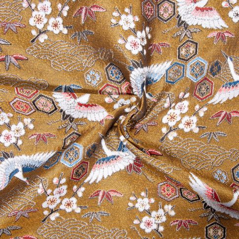 Tissu Jacquard d'ameublement tissé teint Grues sur fond Or