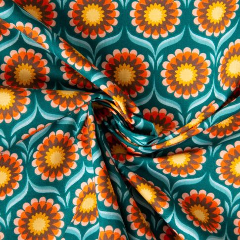 Tissu Coton imprimé Arty Soleil fleuris sur fond Bleu canard