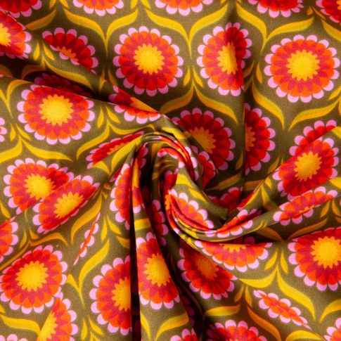 Tissu Coton imprimé Arty Soleil fleuris sur fond Vert kaki