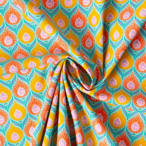 Tissu  Coton imprimé Arty Luka orange sur fond Vert jade